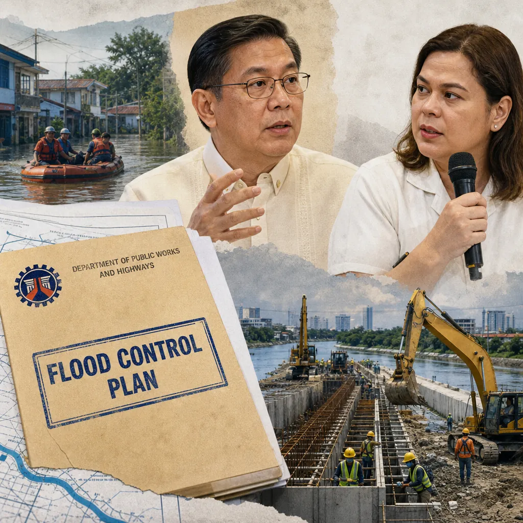 DPWH announces permanent flood control for Central Luzon, showing officials, a flood rescue, a flood control plan document, and river construction. 143 characters