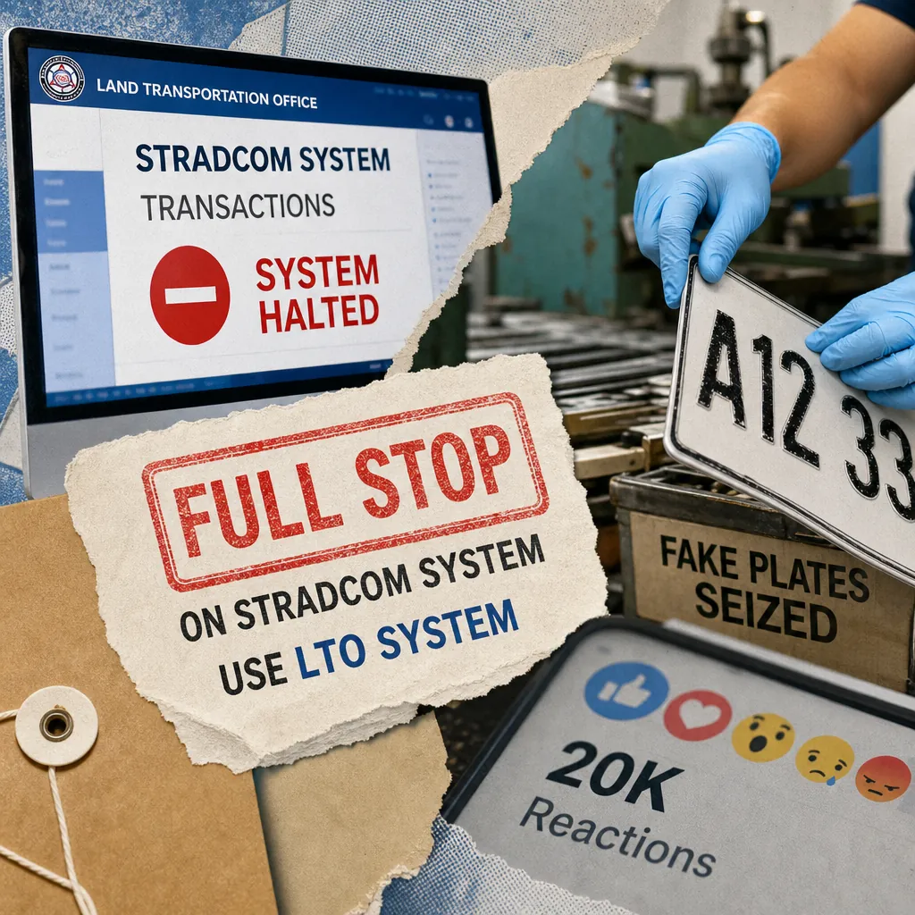 A collage shows a halted Stradcom system screen, fake plates seized, and social media reactions, reflecting LTO’s shift to LTMS and police crackdown. (143 characters)