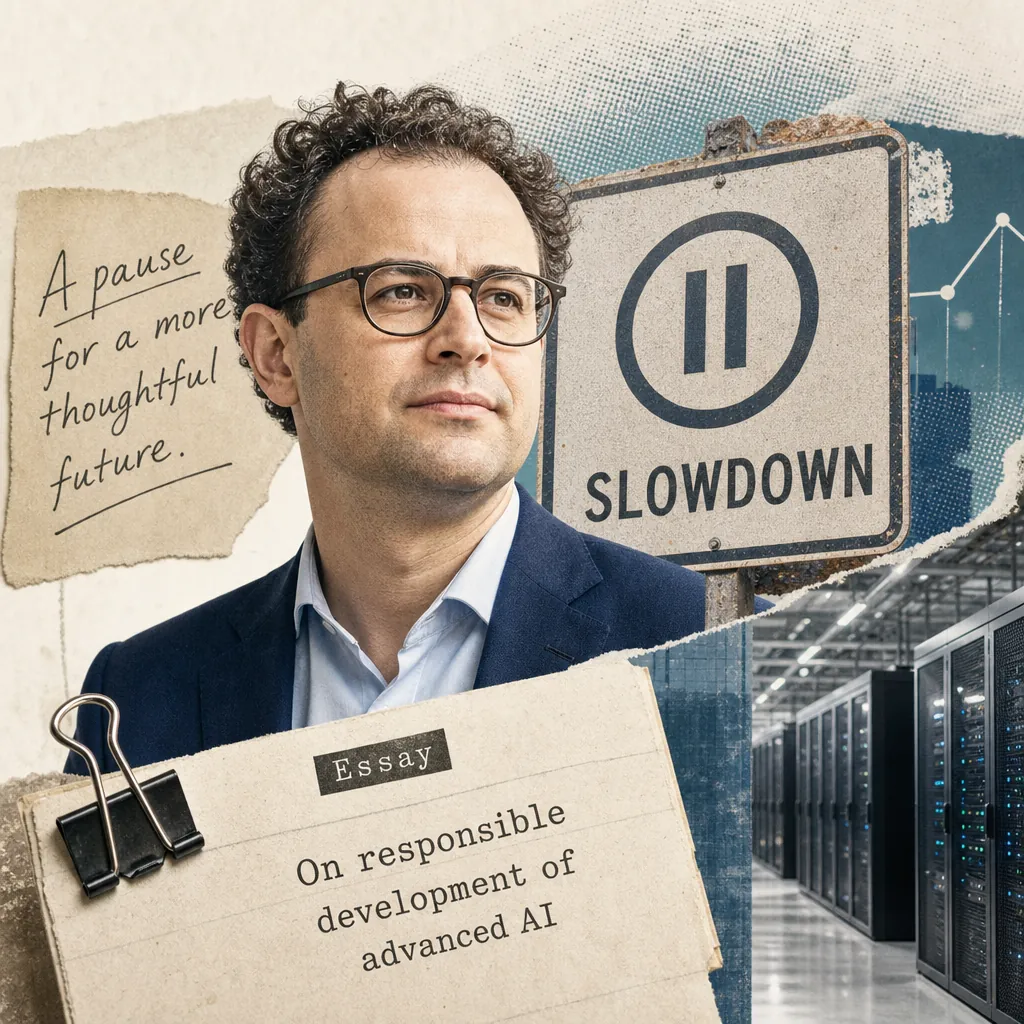 A man in glasses stands by a slowdown sign, with AI servers and papers referencing Anthropic’s AI slowdown call in global business news. 143 characters