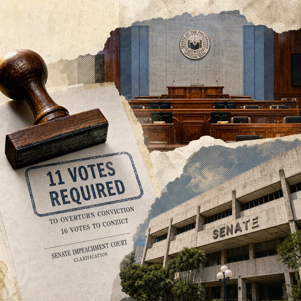 A collage shows a Senate chamber, a building labeled Senate, and a paper stamped “11 votes required,” illustrating Senate impeachment vote confusion. (143 characters)