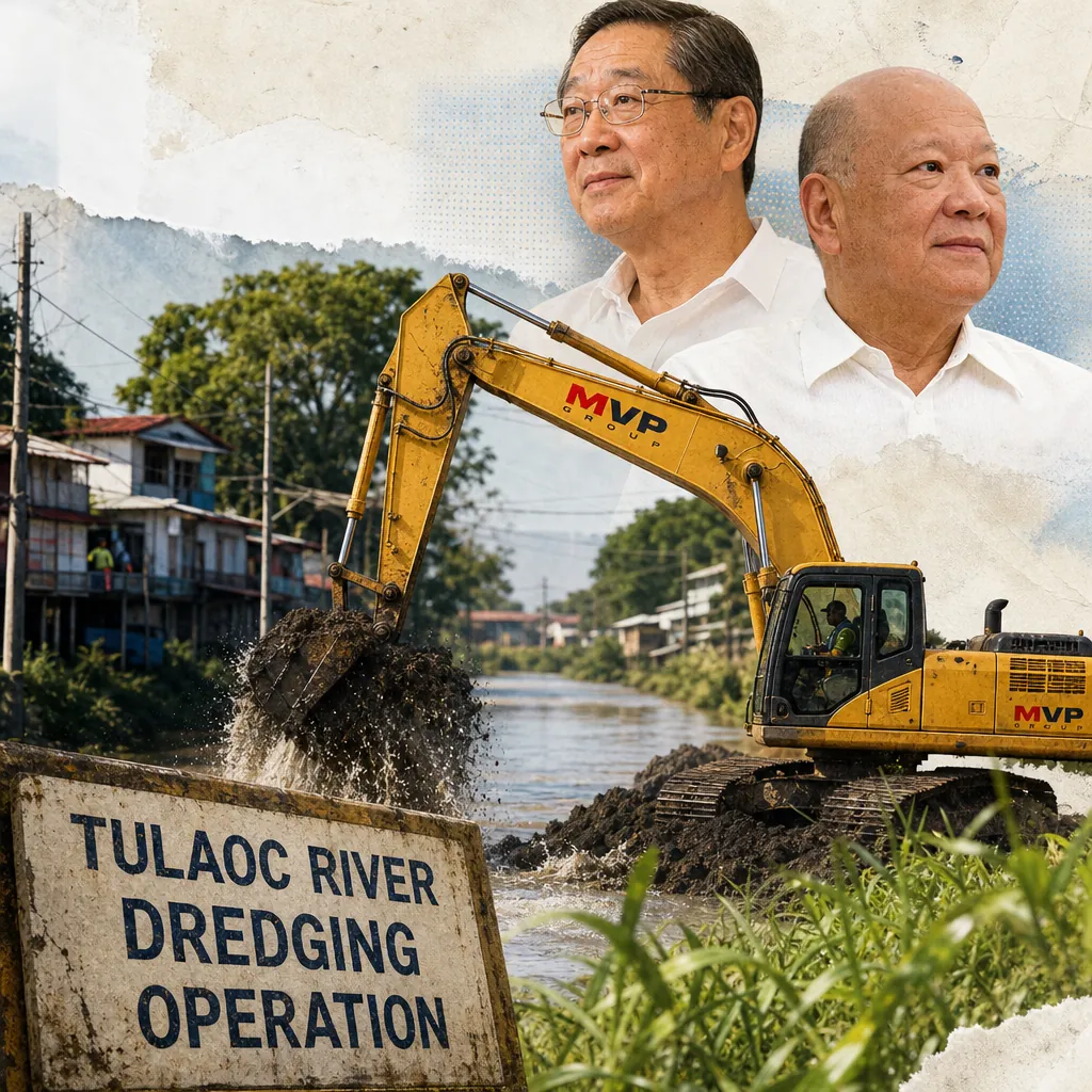 Two men in white shirts are shown above a dredging excavator by a river, illustrating Pampanga flood response by conglomerates. (137 characters)