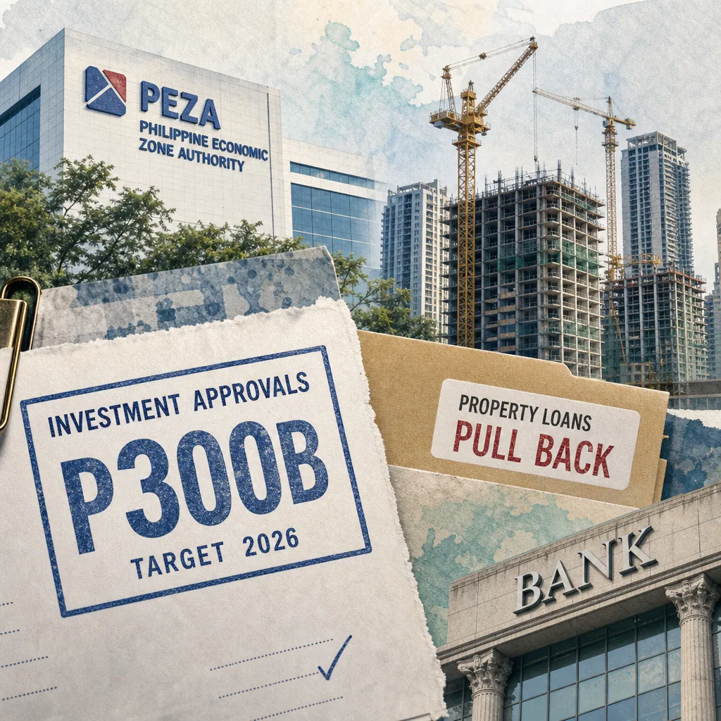 A collage shows the PEZA building, construction cranes, a bank, and documents about PEZA investment approvals surge in Philippine real estate. 143 characters