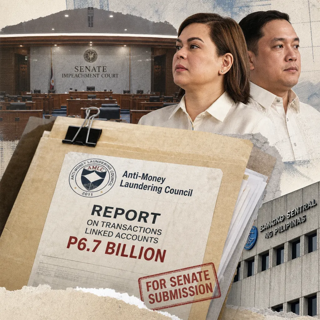 Two people stand in front of the Senate Impeachment Court, with folders labeled AMLC’s P6.7B Duterte-Carpio transactions and Bangko Sentral building.  
(Character count: 143)