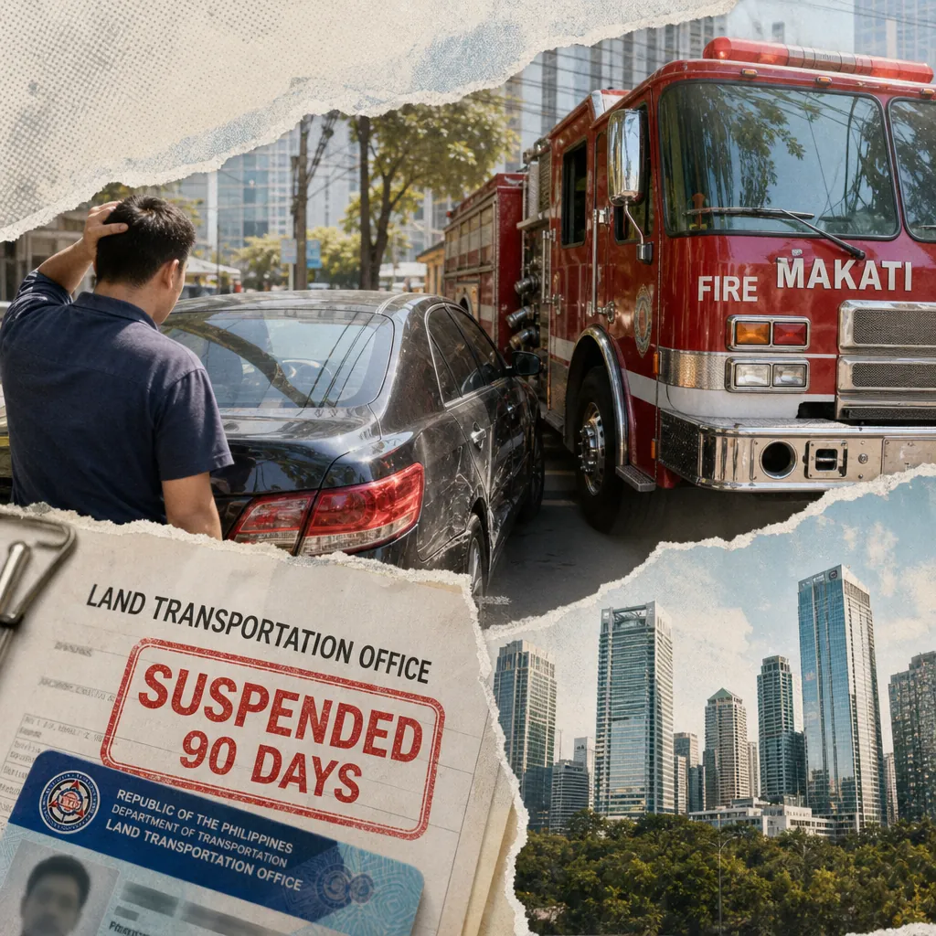 A man stands by a car blocking a fire truck, with a suspended license notice and city skyline, showing viral road discipline incidents.  
Character count: 143