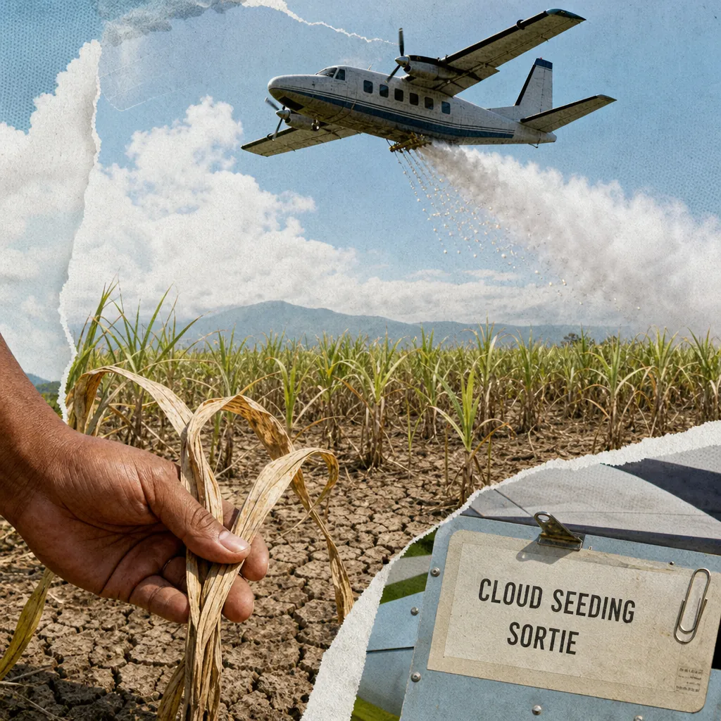 A plane sprays clouds above a dry field as a hand holds withered crops, showing cloud seeding begins in Negros and Panay amid El Niño threats. (143 characters)