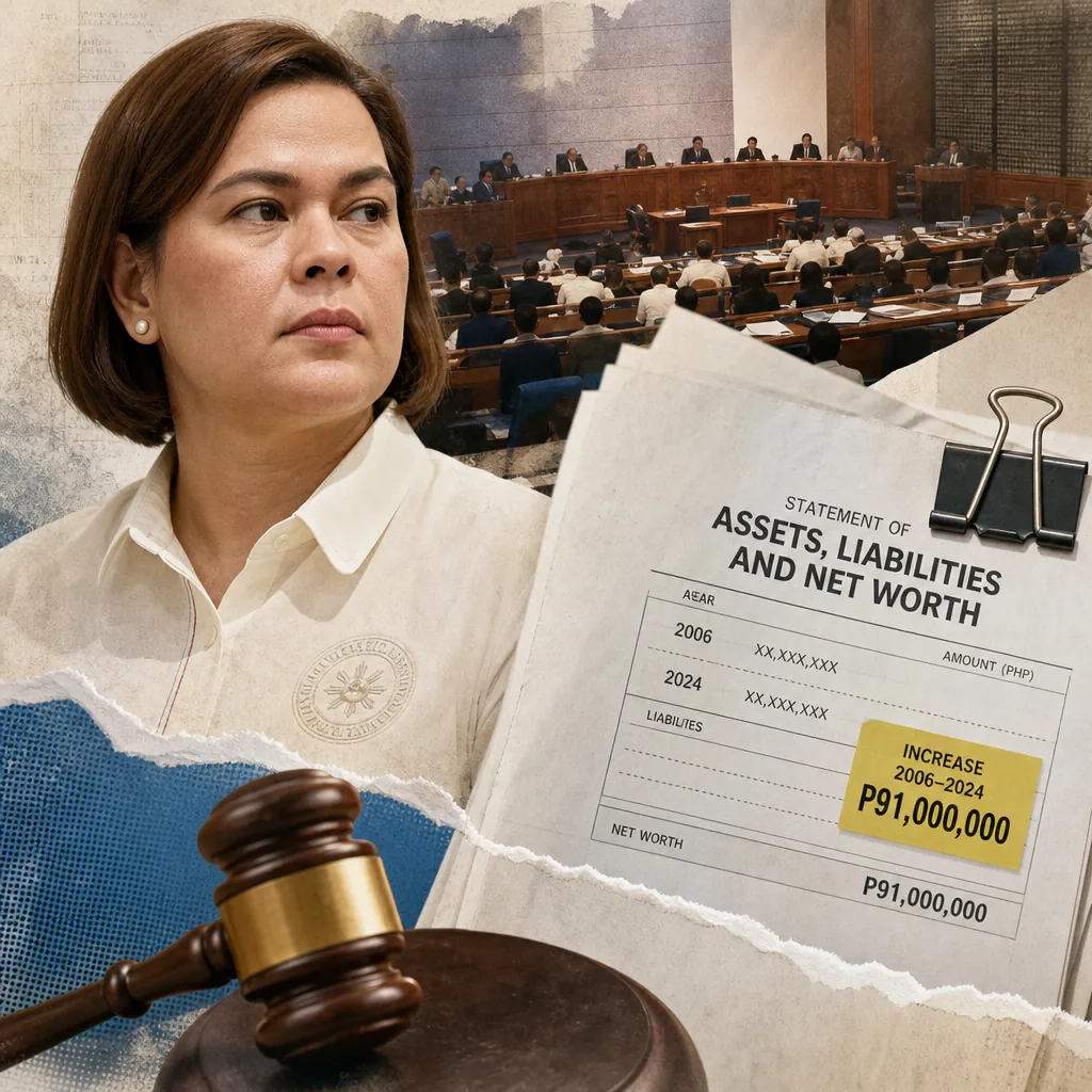 Sara Duterte stands in front of a courtroom scene, with SALN disclosures, a gavel, and documents highlighting tech investments and AI risks. (143 characters)