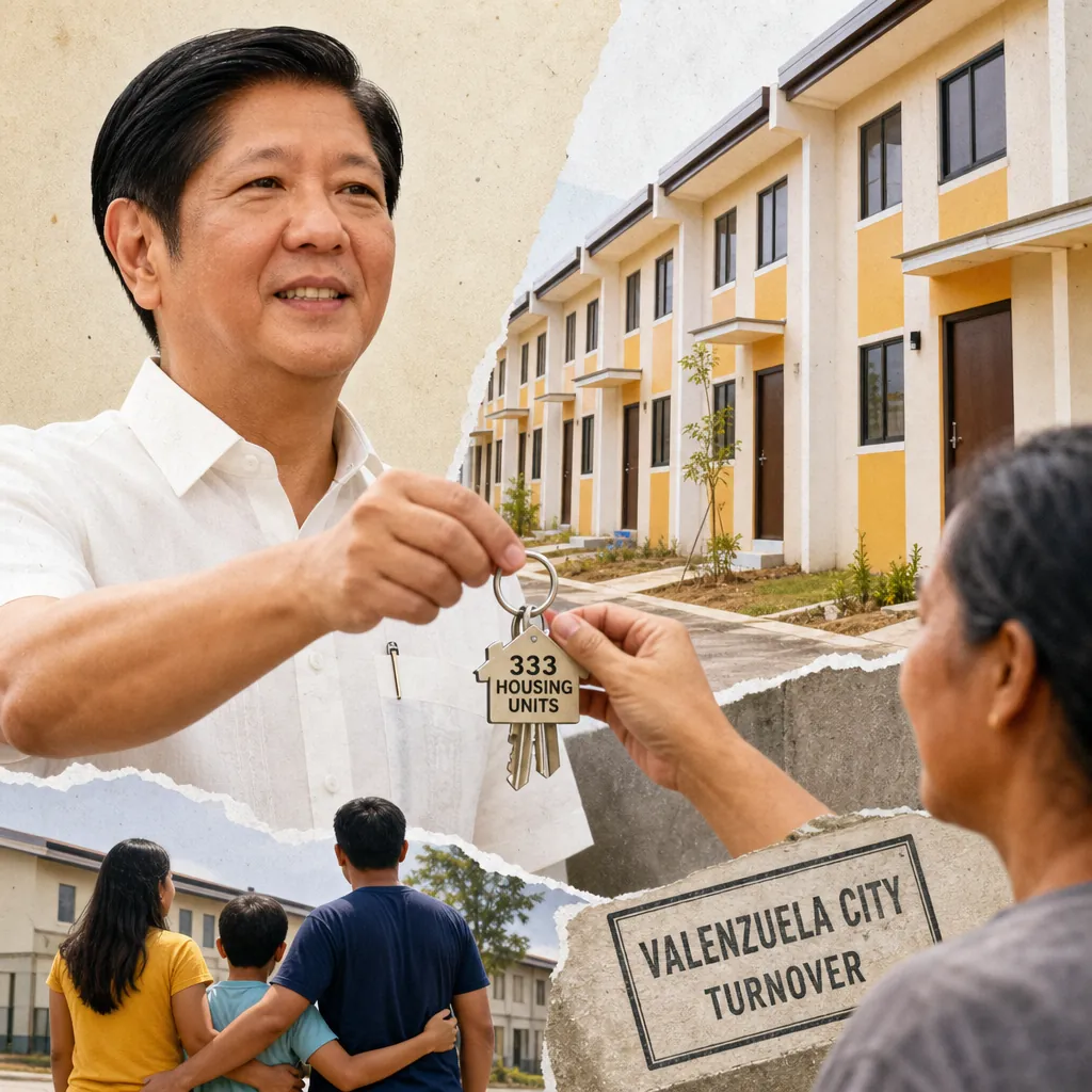 A man hands a woman a key labeled 333 housing units, with new homes and a Valenzuela City Turnover sign, showing government housing turnovers. (143 characters)