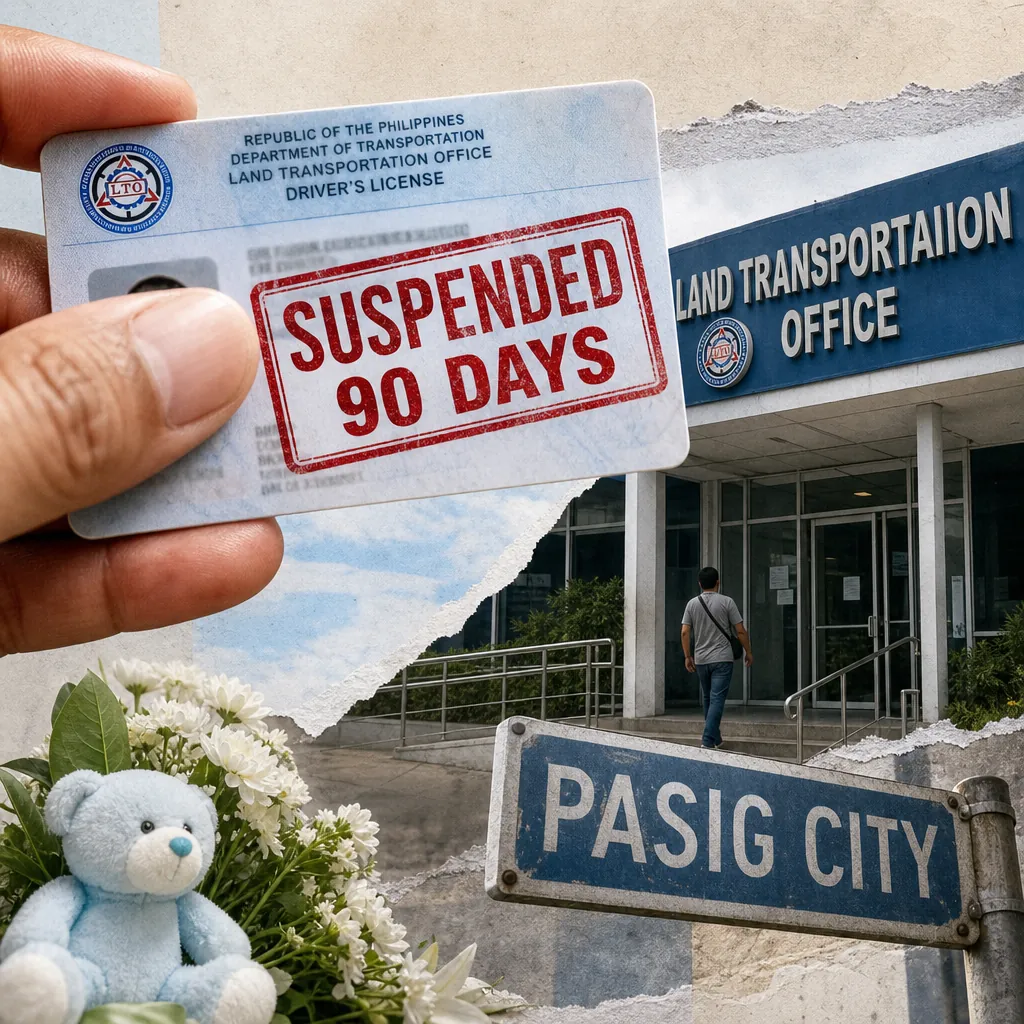 A hand holds a driver’s license marked suspended 90 days, with a Pasig City sign, flowers, teddy bear, and Land Transportation Office building. 143 characters