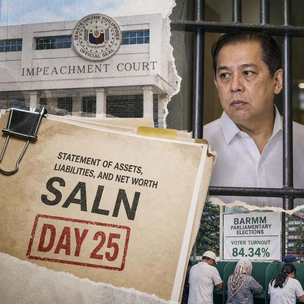 A collage shows the impeachment court, Romualdez behind bars, Bangsamoro election turnout, and public reactions to key events from the report. (143 characters)