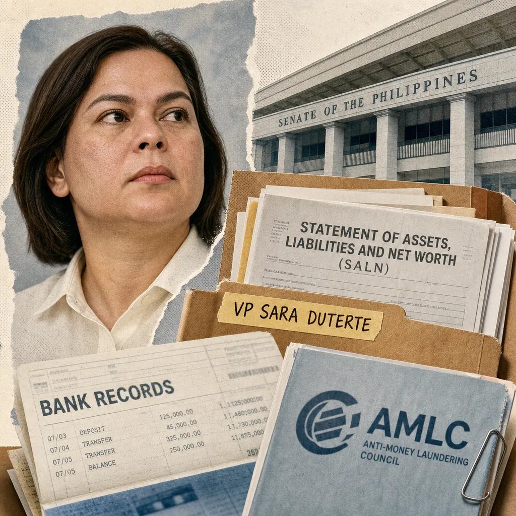 A woman stands before the Senate of the Philippines, with folders labeled VP Sara Duterte, bank records, and AMLC as prosecutors match declared wealth. (145 characters)