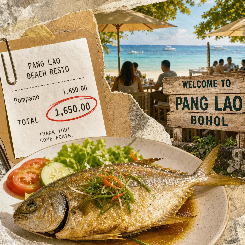 A viral Bohol fish pricing complaint is shown with a pricey restaurant bill, a cooked fish dish, and a Panglao beach scene in the Philippines. 143 characters