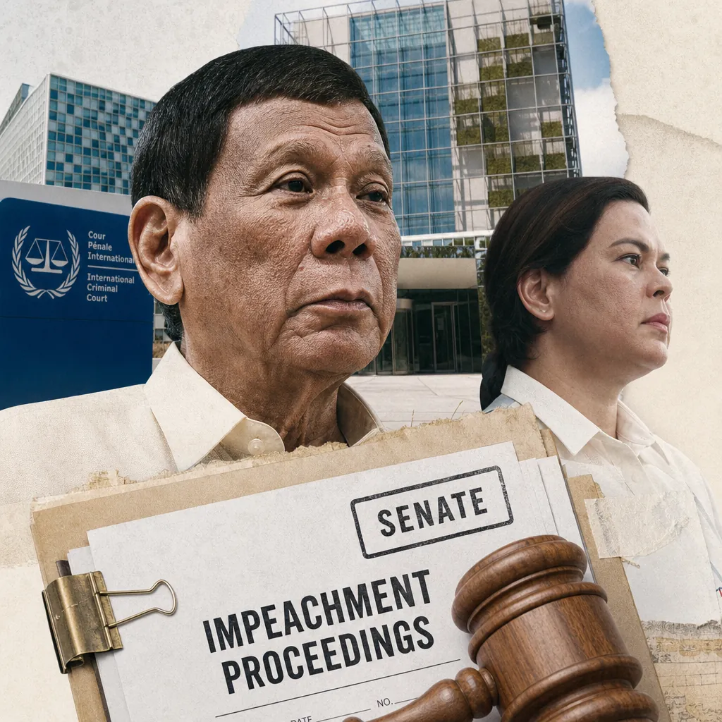 A serious man stands before the ICC building as the Senate debates impeachment vote thresholds and key witnesses are subpoenaed for trial. (143 characters)