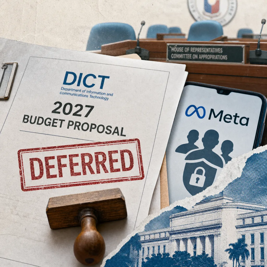 A DICT 2027 budget proposal marked deferred, a phone with Meta child-safety concerns, and a House committee room are shown together. (143 characters)