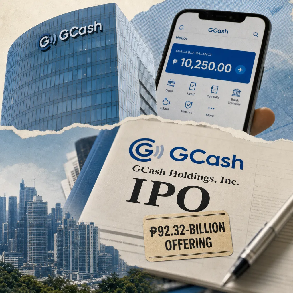 A collage shows the GCash parent’s record IPO, a smartphone with the GCash app, a city skyline, and a newspaper headline about the IPO. (143 characters)