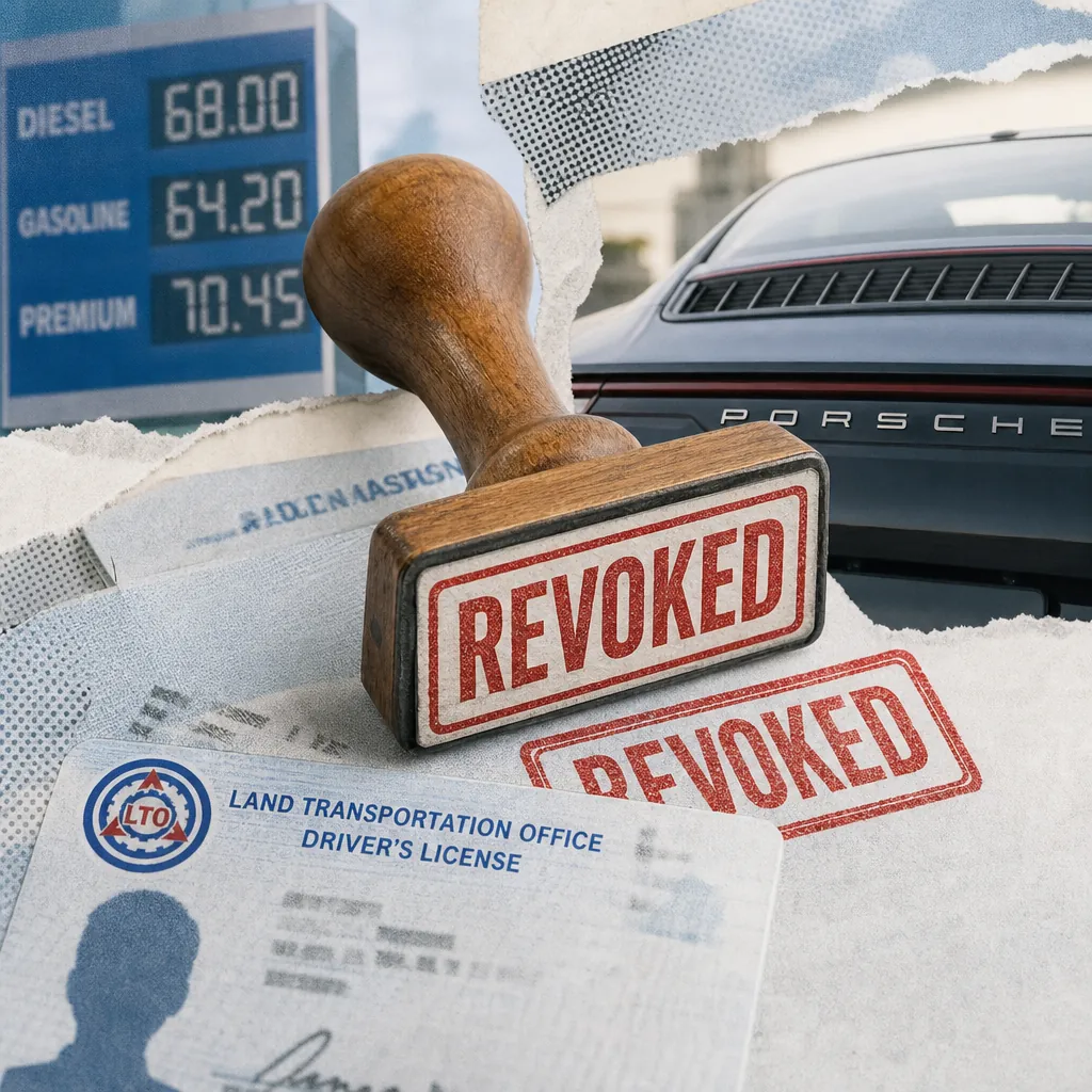 A revoked stamp sits on a driver’s license with a Porsche, fuel price board, and LTO logo, showing LTO revokes celebrity licenses. 143 characters