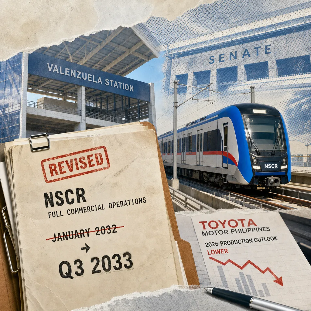 A North-South Commuter Railway train at Valenzuela Station, with documents showing a 2033 delay and Toyota cuts output as fuel prices rise. (143 characters)