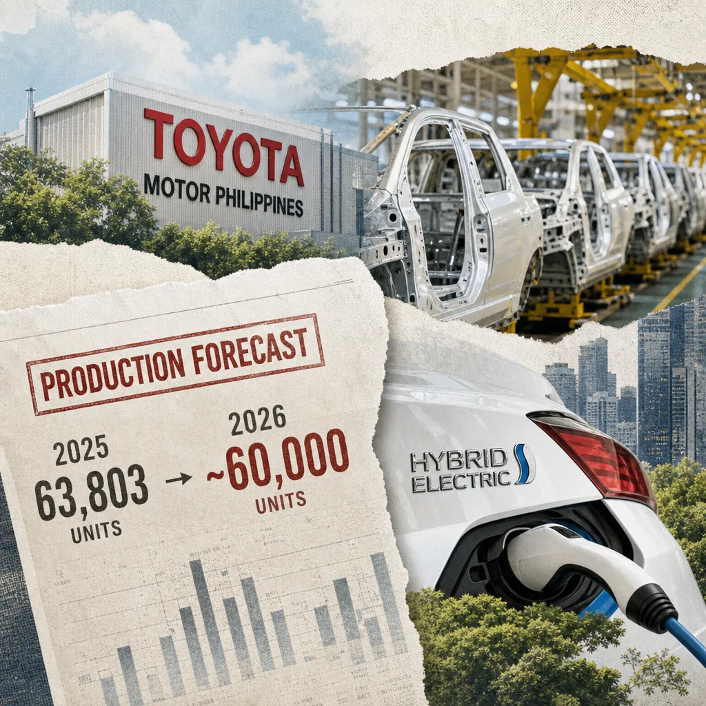 Toyota Motor Philippines forecasts a 6 percent output drop in 2026, showing a factory, car frames, a hybrid car charging, and production forecast data. (143 characters)