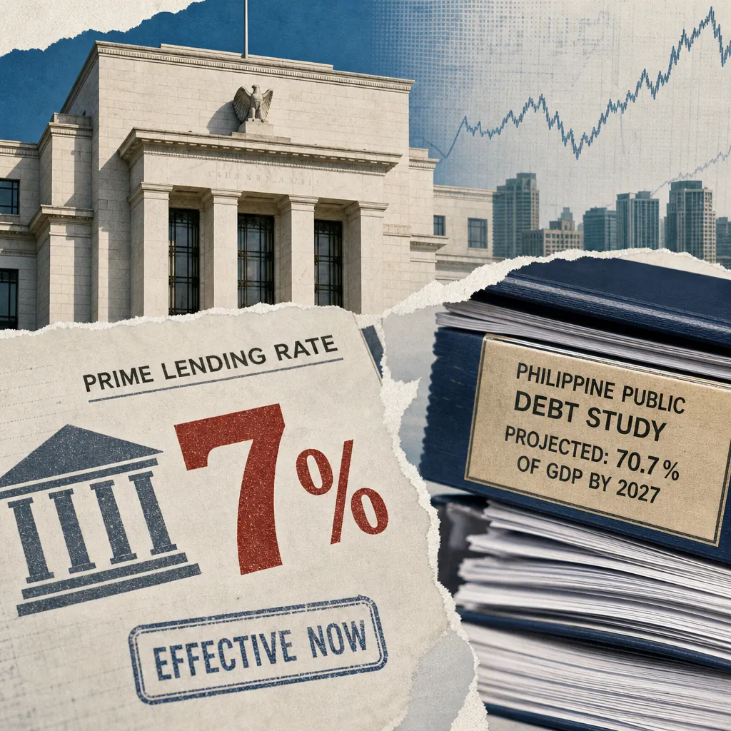 A collage shows the Fed building, a 7 percent prime rate notice, Philippine debt study folders, and a chart, highlighting Philippine debt risks. (143 characters)