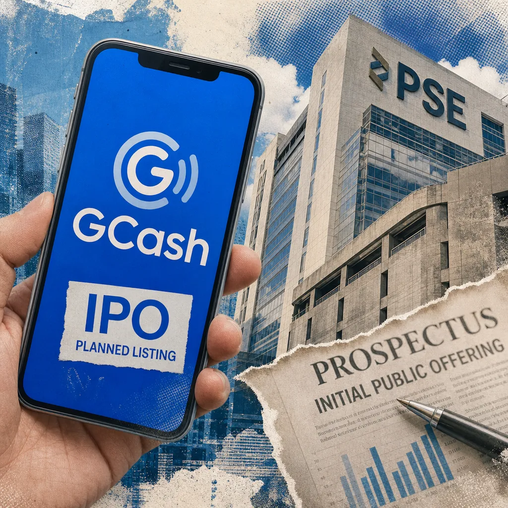 A hand holds a phone showing GCash IPO planned listing, with the PSE building and a prospectus, highlighting Philippine business faces fuel price hikes. (145 characters)