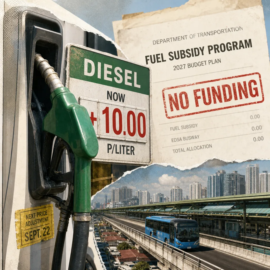 A diesel pump shows a price hike sign, a DOTr fuel subsidy plan marked no funding, and a city bus, highlighting diesel prices may rise by up to P10.50 per liter. (144 characters)