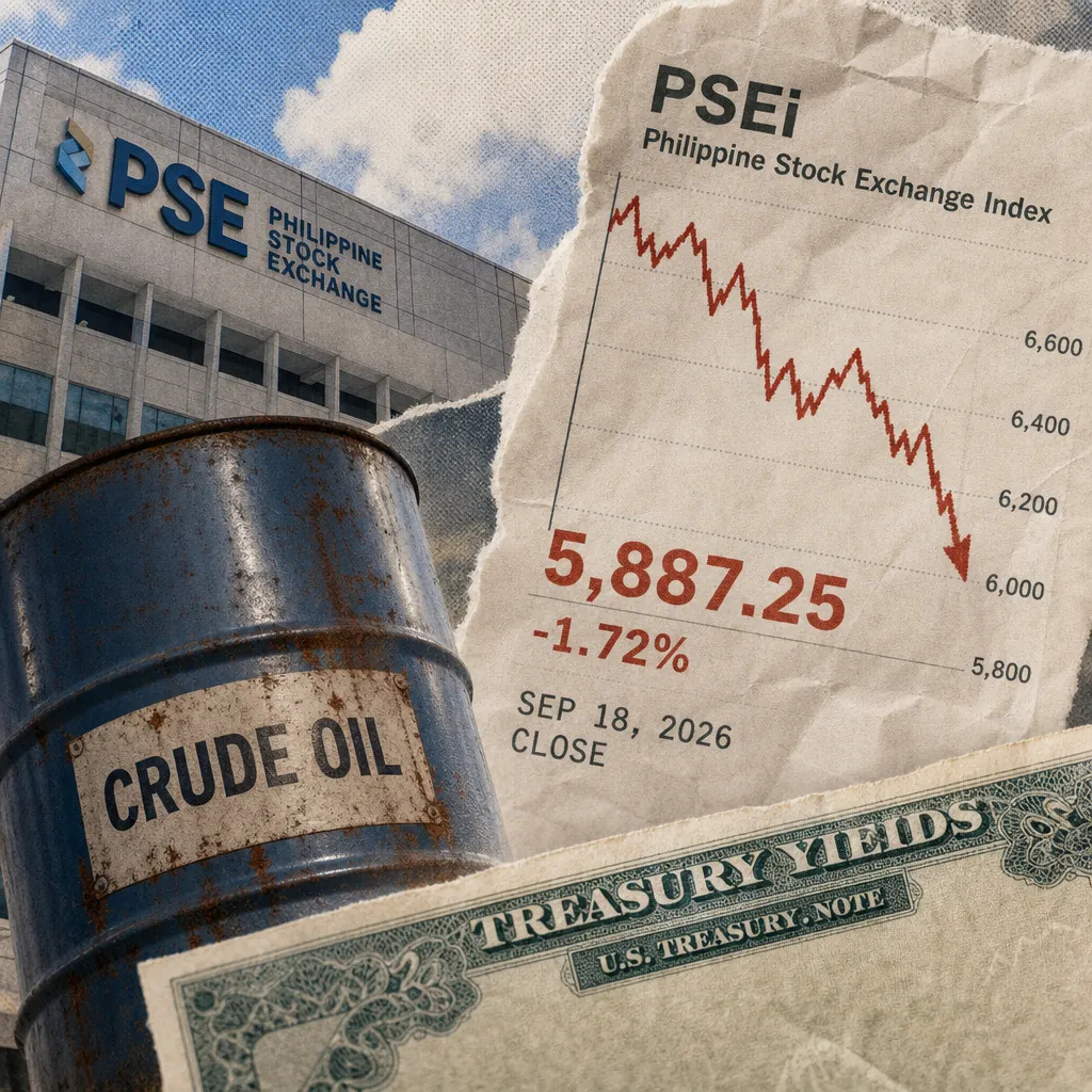 A crude oil barrel, treasury yields note, and PSEi chart highlight the PSEi fell to a three-month low as yields and oil rose. 143 characters