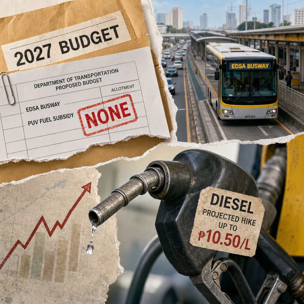 A collage shows the 2027 budget gap for the EDSA Busway and fuel subsidy, fuel price hikes, and key transport safety issues in Manila. (143 characters)