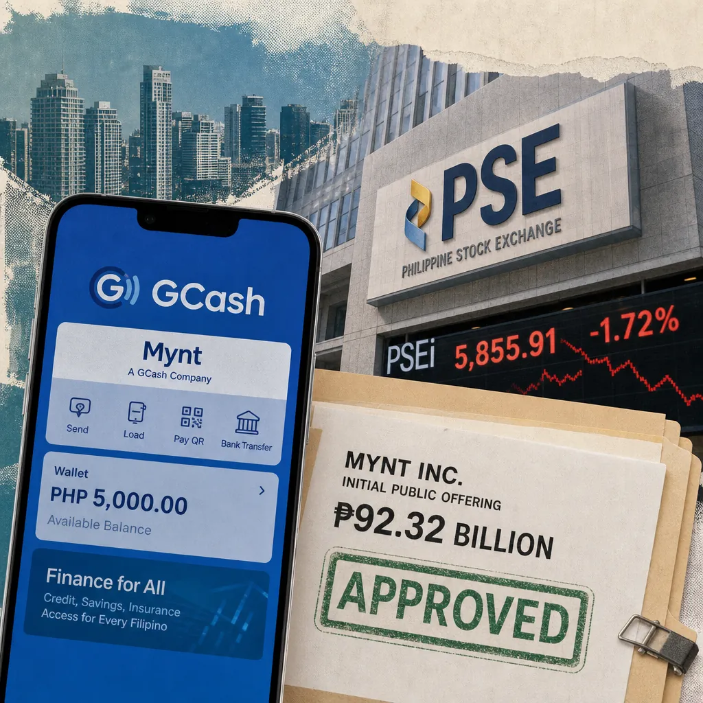 A smartphone with the GCash app, a Philippine Stock Exchange building, and a folder showing PSE approves Mynt’s record ₱92.32B IPO as the index falls. (143 characters)