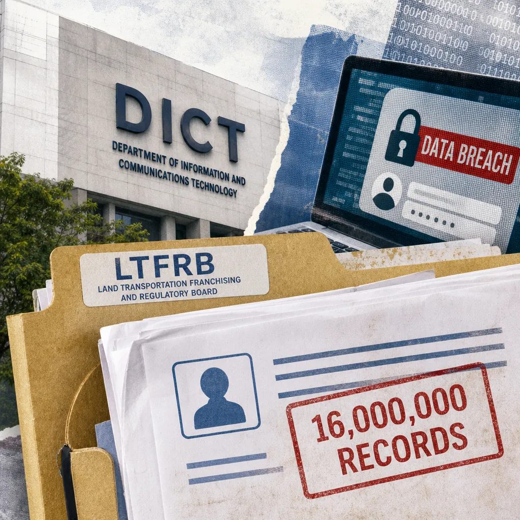 A folder labeled LTFRB, a DICT building, and a laptop showing a data breach illustrate the alleged LTFRB data breach and DICT issues. (143 characters)