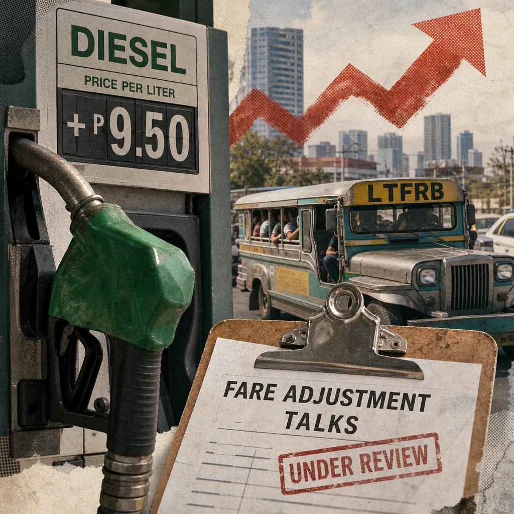 A diesel pump shows prices to rise up to P9.50 per liter, with a jeepney, fare adjustment talks clipboard, and upward red arrow in the background. (143 characters)
