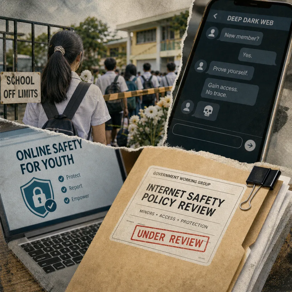 A collage shows students at a school gate, a deep web chat, and documents on internet safety, highlighting digital safety in the Philippines. 143 characters