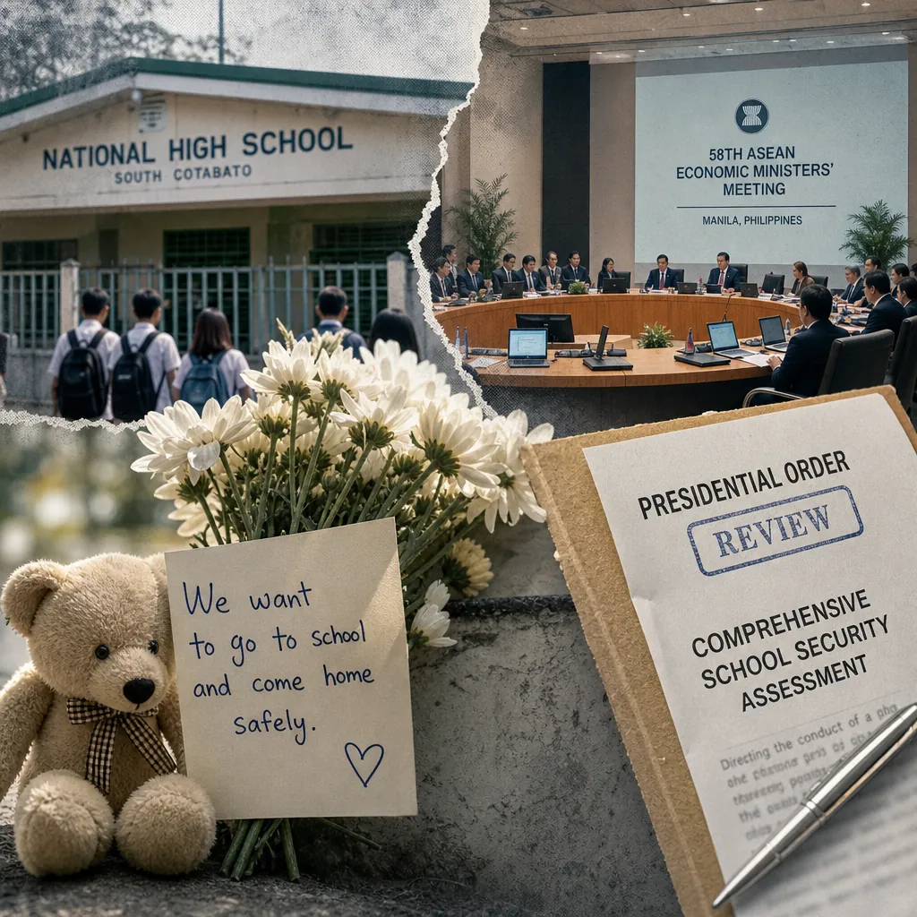 A collage shows ASEAN ministers advancing MSME inclusion and investment quality, plus Philippine school shootings sparking security policy debate. (143 characters)