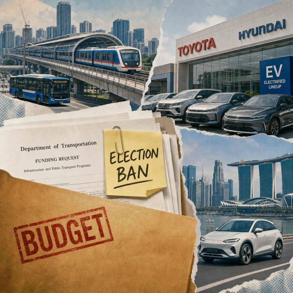 Collage showing Philippine transport projects, EV launches, dealership growth and subsidy issues as Senate reviews the 2027 budget funding gaps. 143 characters