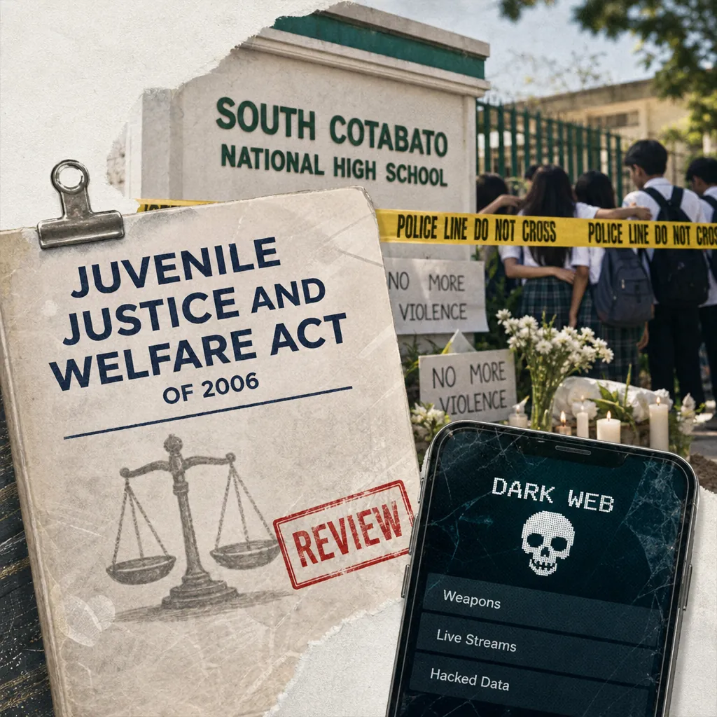 A collage shows South Cotabato school shooting, Juvenile Justice Act review, dark web phone, and policy debates analyzed in the Philippines. (143 characters)