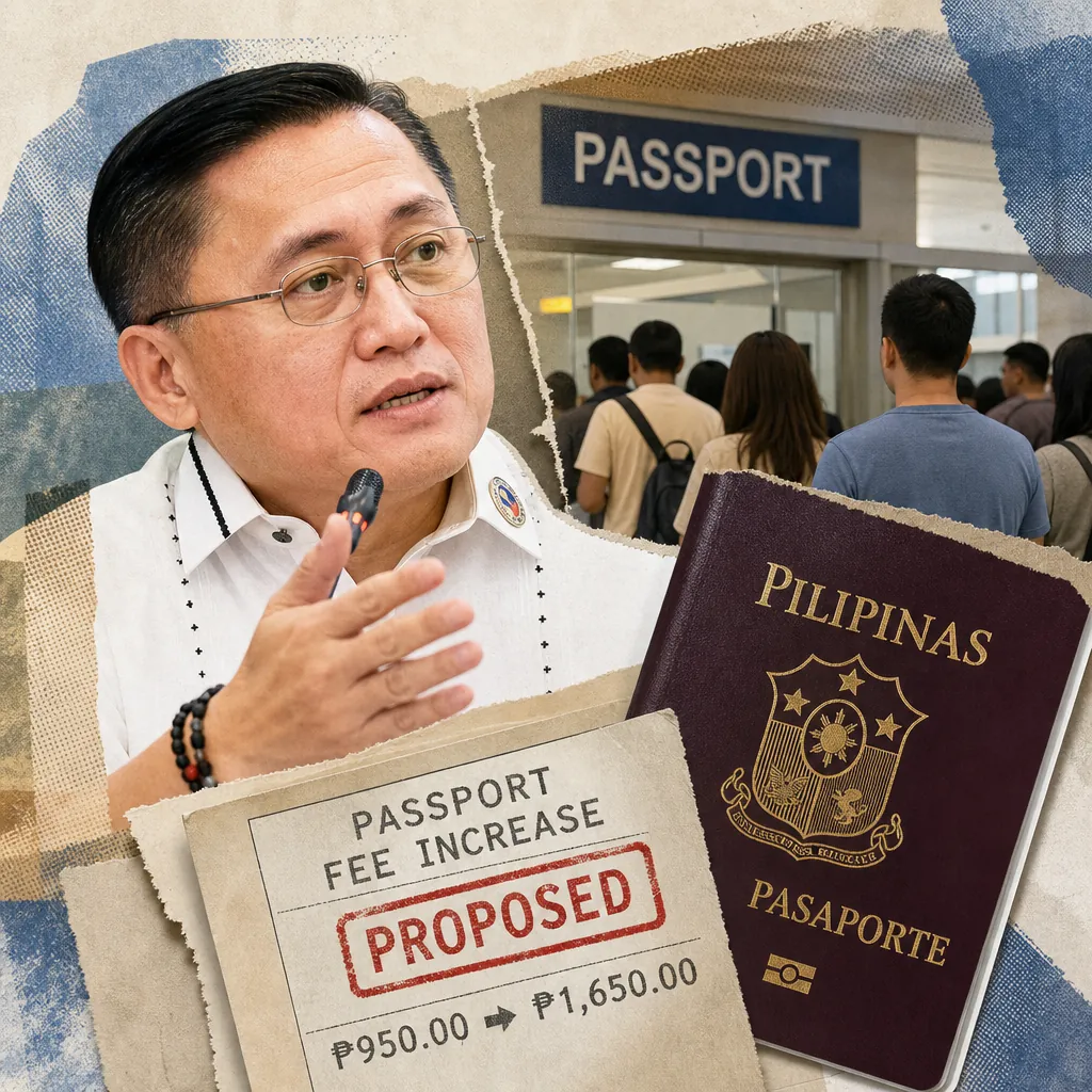 A Philippine official speaks as people line up at a passport office, with a passport and fee increase proposal, highlighting key policy shifts advance. (143 characters)