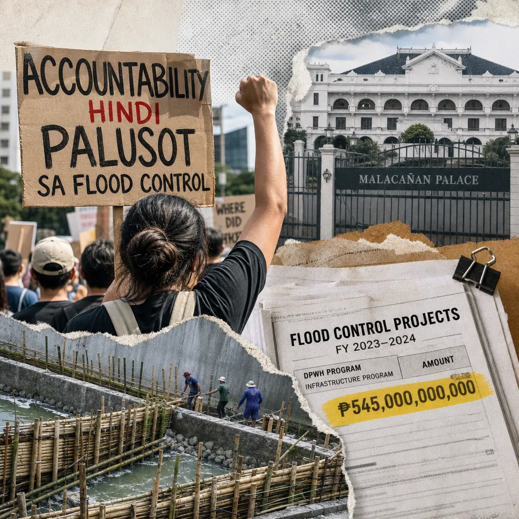 A protester raises a sign about flood-control corruption at a rally, with Malacañan Palace, flood projects, and government lockdowns in view. 143 characters