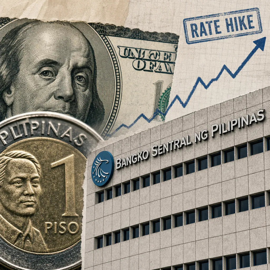 A US dollar bill, a Philippine peso coin, a Bangko Sentral ng Pilipinas building, and a chart showing rate hike as the peso nears a record low. (143 characters)