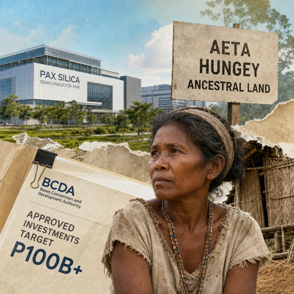 An Aeta woman sits in front of a Pax Silica building, BCDA investment sign, and ancestral land marker, showing BCDA targets over P100B in 2026 investments. (143 characters)