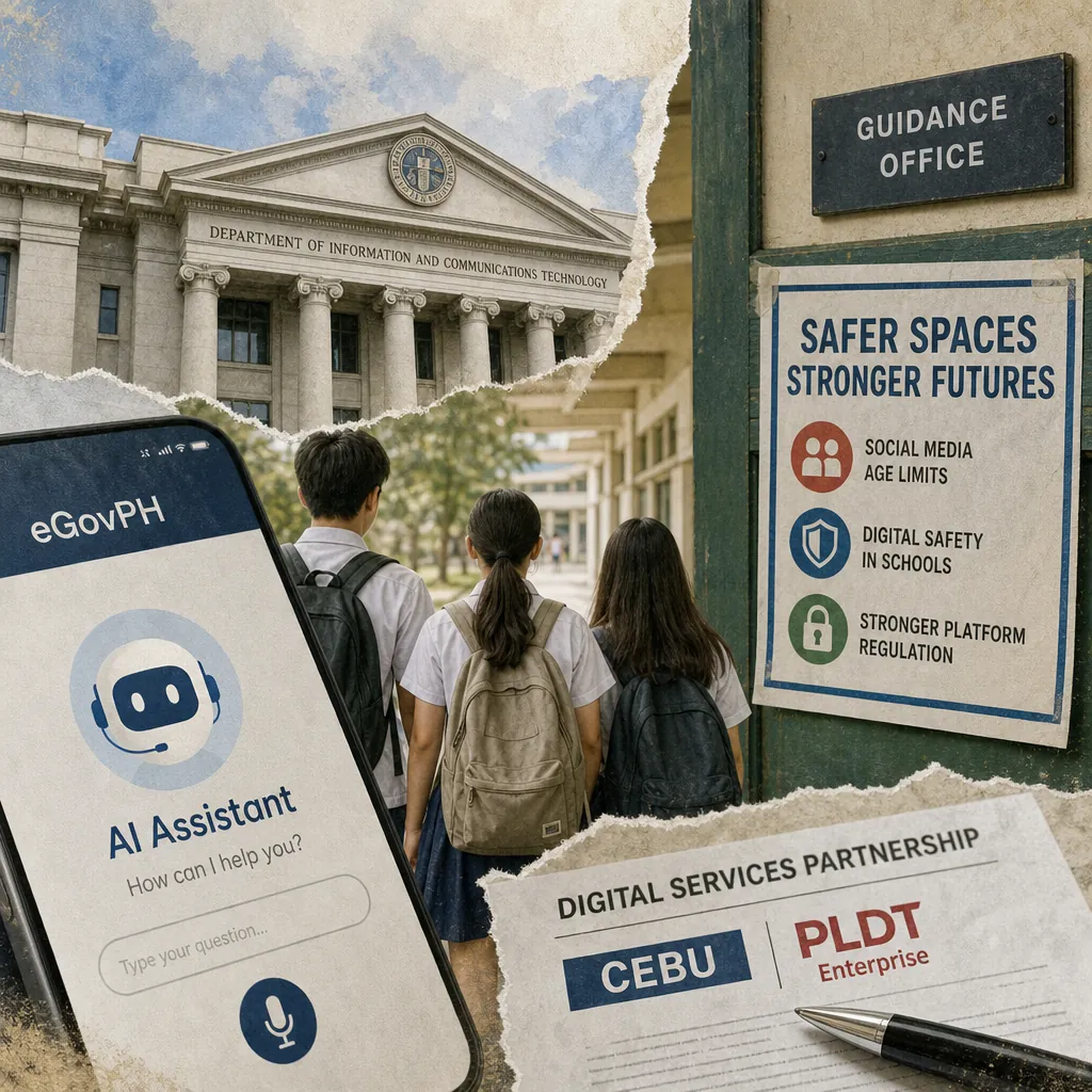 Three students walk toward a school building as signs call for social media age limits, digital safety campaigns, and stricter tech platform regulation. (143 characters)