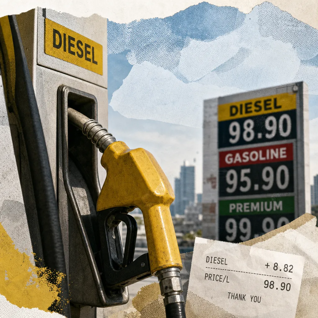 A yellow diesel fuel nozzle at a gas station, with a sign showing diesel nears P100 per liter after record hikes and a printed receipt. (143 characters)