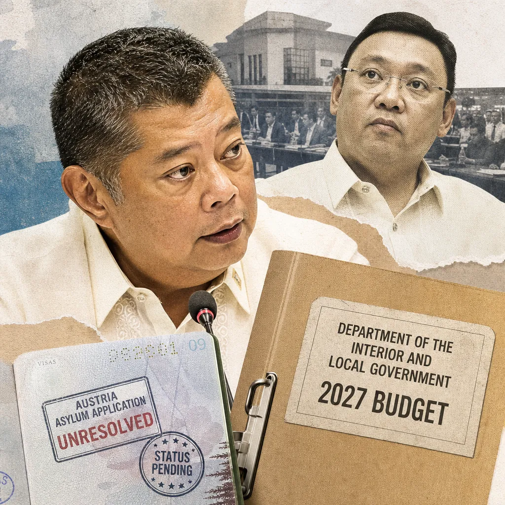 Two men in barong tagalog are shown with documents labeled Austria asylum application and DILG 2027 budget, highlighting DILG faces scrutiny. (143 characters)