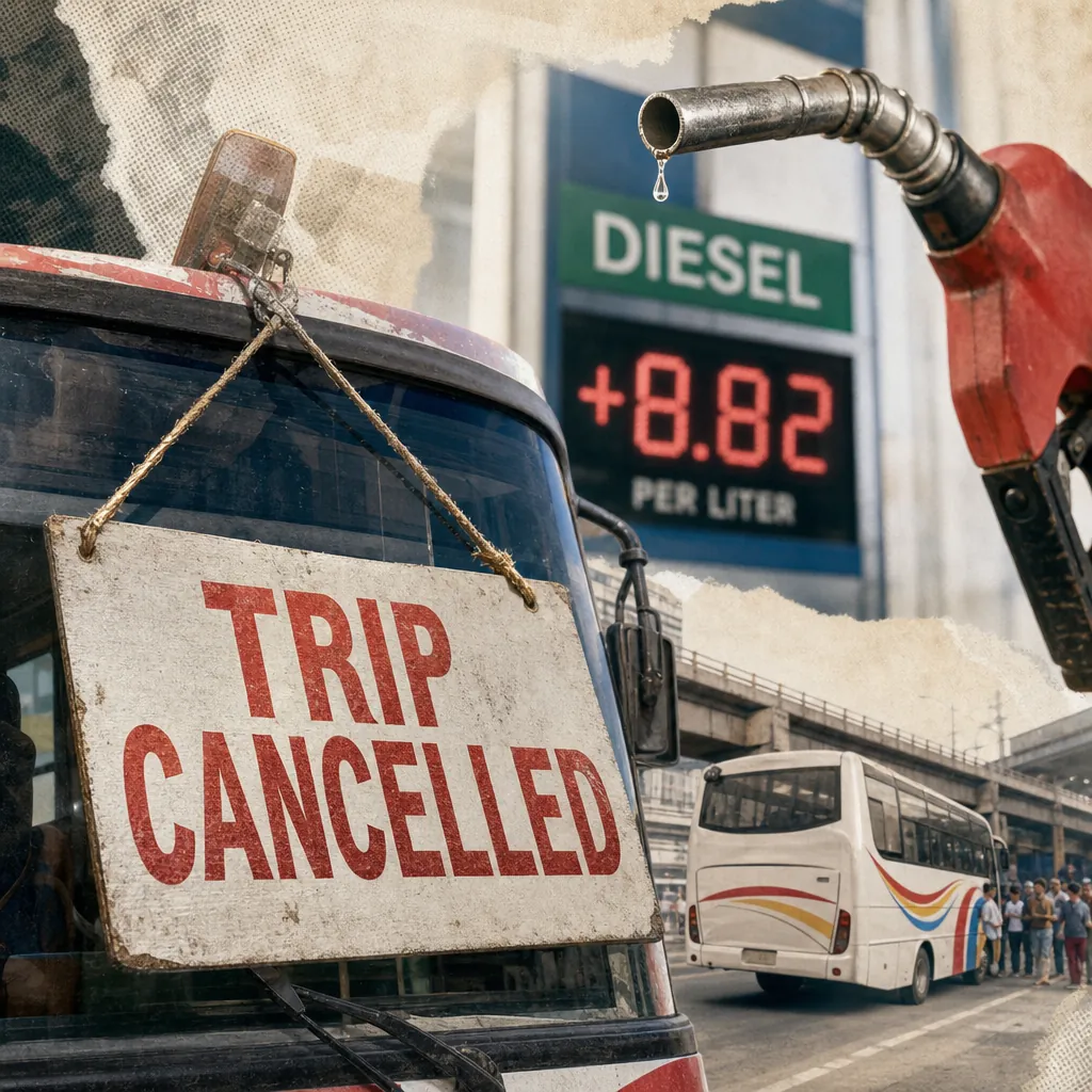 A bus with a "Trip Cancelled" sign is parked near a fuel pump, showing diesel price hikes force bus operators to cut trips. 137 characters