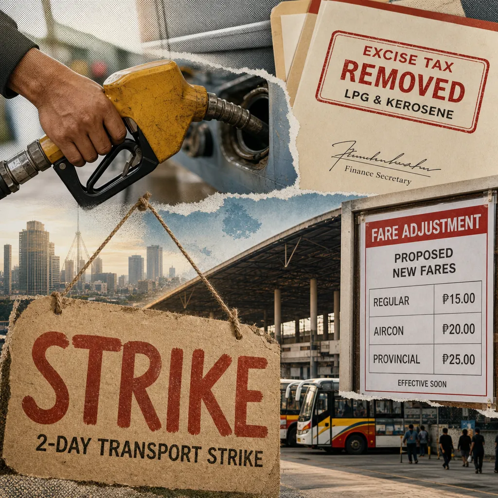 A collage shows excise tax removal on LPG and kerosene, high fuel prices, transport strike signs, fare hikes, and city inflation impacts. (143 characters)
