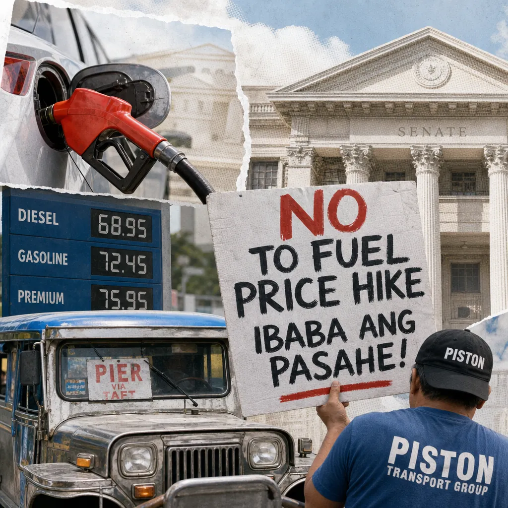 A jeepney driver holds a protest sign against fuel price hikes, with a gas pump, fuel prices, and the Senate, showing Panay jeepney strike. (143 characters)