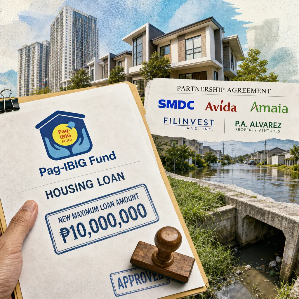 A Pag-IBIG housing loan approval form showing the new P10M ceiling, condos, developer logos, and a flooded street, sparking debate on affordability. (143 characters)