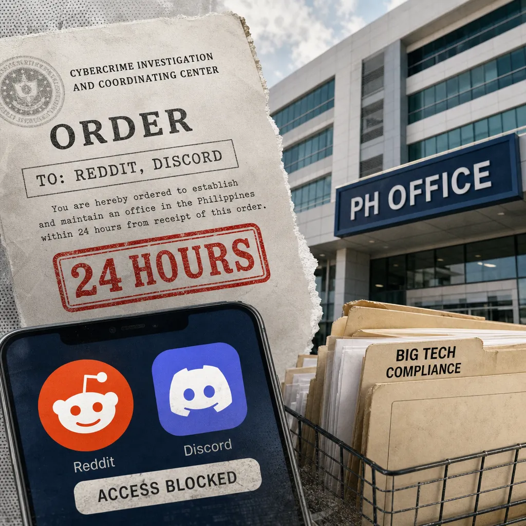 A phone shows Reddit and Discord icons with "access blocked," a CICC order, and folders labeled "big tech compliance" at a PH office, illustrating the CICC ordered Reddit and Discord to establish a Philippine presence. (145 characters)