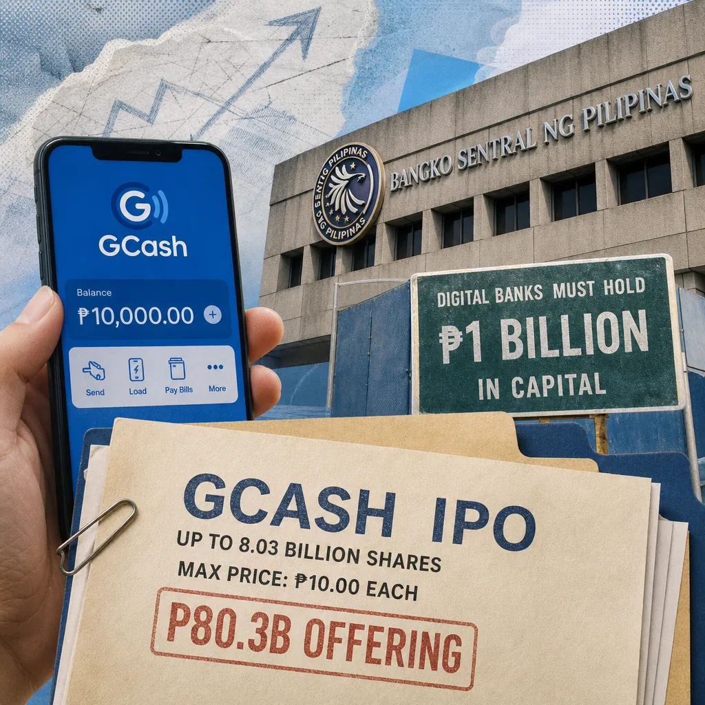 A hand holds a GCash app showing a balance, with BSP headquarters, a digital bank capital sign, and P80.3B IPO documents, highlighting Philippine fintech trends. (145 characters)