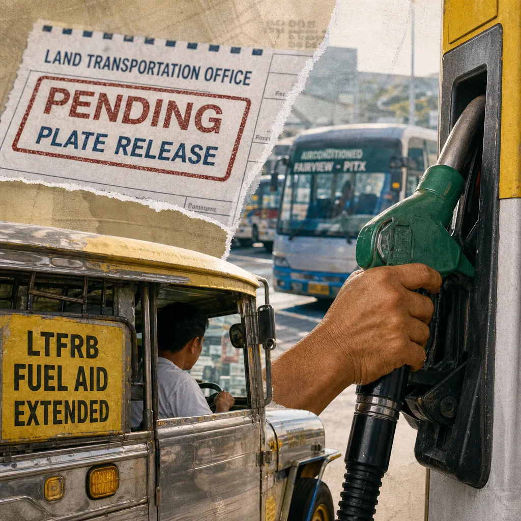 A collage shows a pending plate release notice, a jeepney with LTFRB fuel aid sign, a hand fueling a vehicle, and buses, illustrating Philippine vehicle registration delays, fuel subsidies, and commuter experiences. (145 characters)