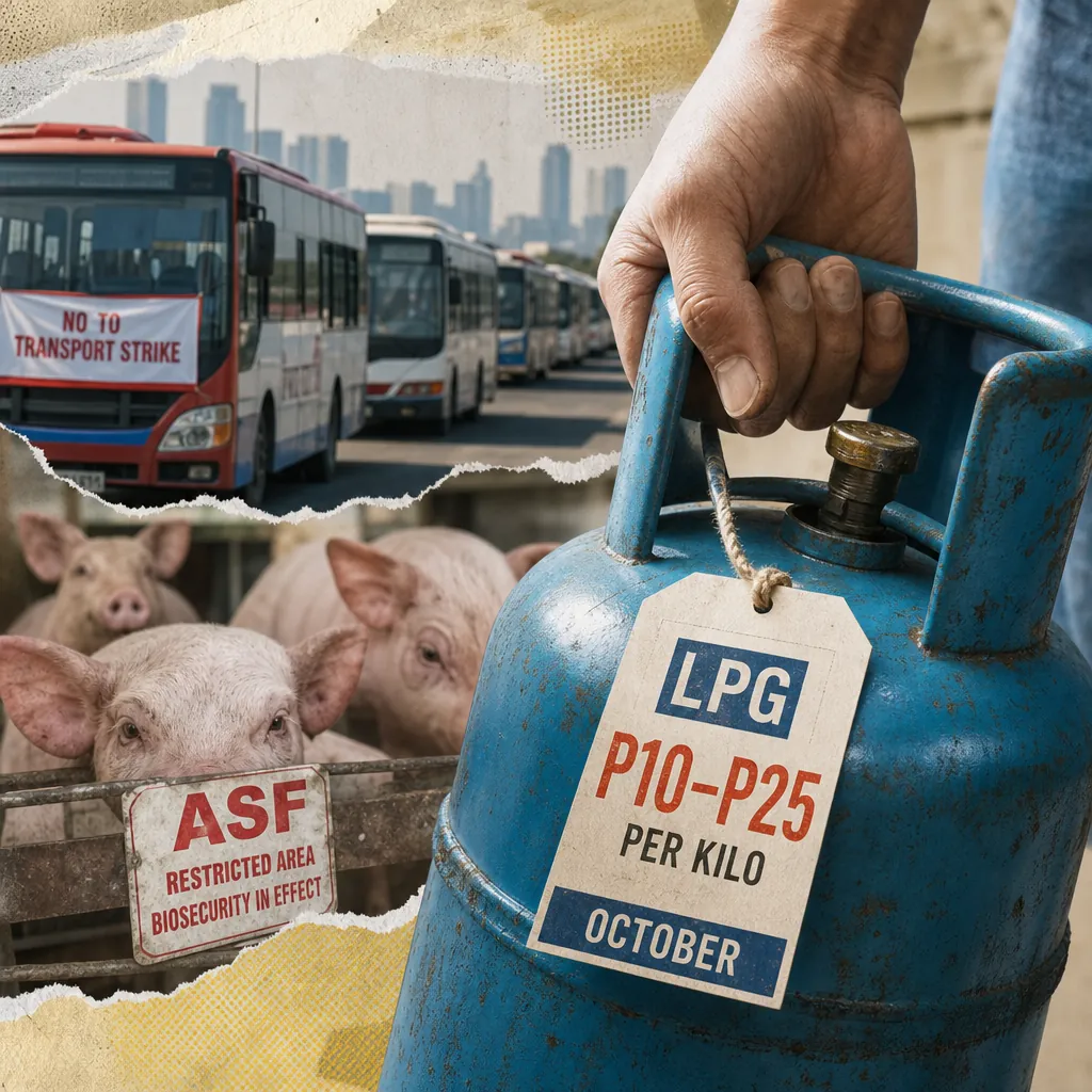 A hand holds an LPG tank labeled P10–P25 per kilo in October, with buses and pigs, showing LPG prices are set to rise P10–P25 per kilo. (143 characters)