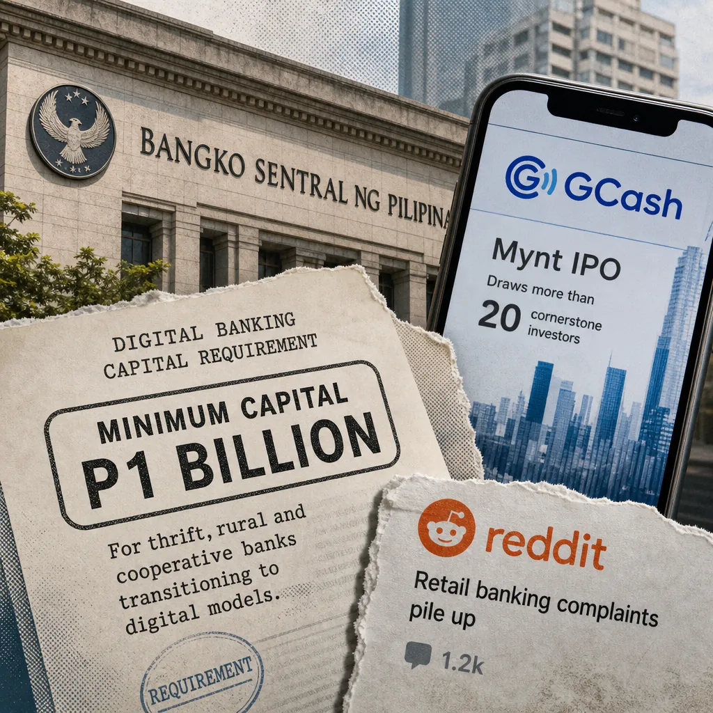 A collage shows BSP’s P1B capital floor for digital-leaning banks, GCash IPO with 20+ cornerstone investors, and BPI service complaints on Reddit. (143 characters)
