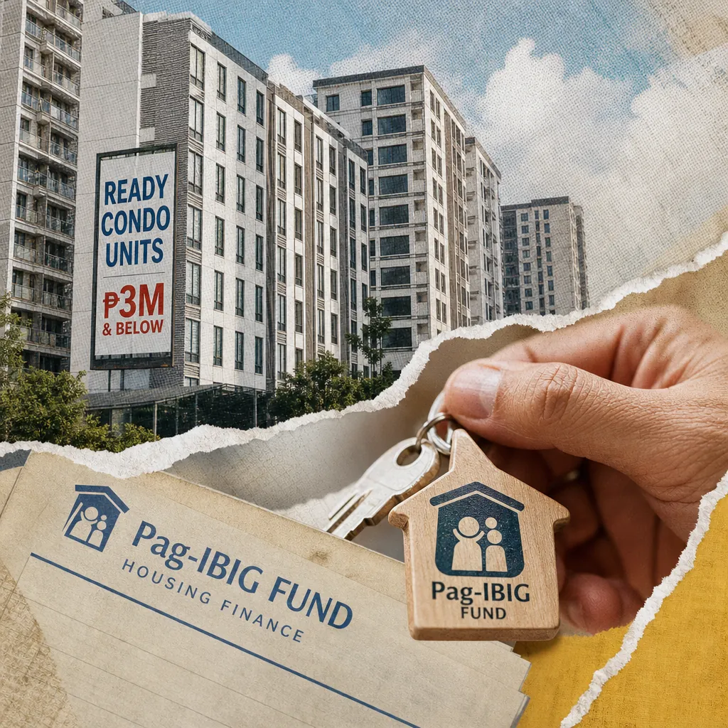 A hand holds keys with a Pag-IBIG Fund keychain in front of condos advertising sub-P3M units, showing Pag-IBIG financing for sub-P3M condos. (143 characters)